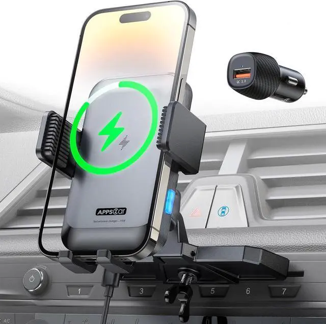 Main image of APPS2Car Wireless Car Charger Mount CD Slot Auto Clamping 15W Fast Charging CD Phone Holder for Car Wireless Charger Fit for iPhone 15 14 13 12 Pro Max, Samsung S23 Ultra S22 Note 20, Google, LG etc.