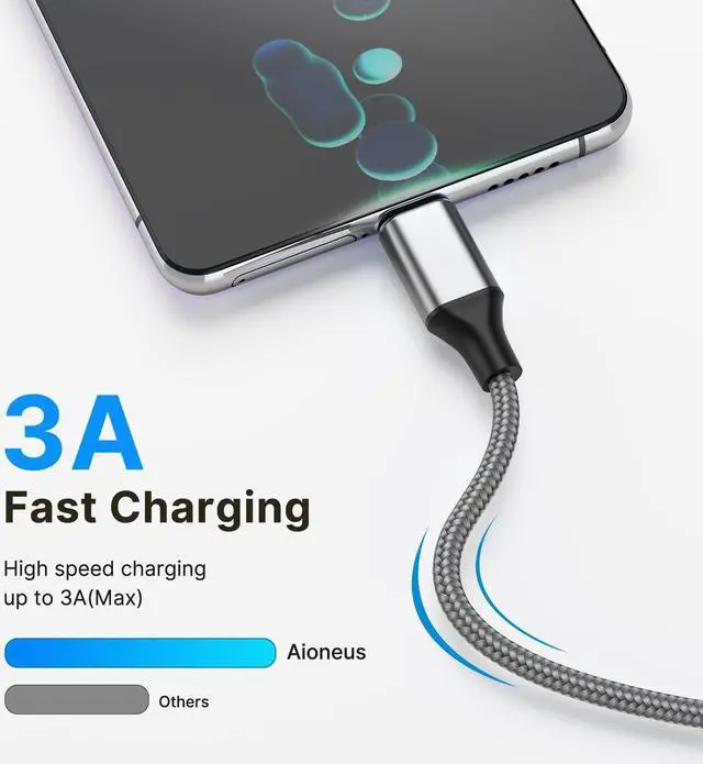 Alt view image 2 of 7 - Aioneus USB C Cable 3A Fast Charging [2-Pack, 6FT] USB A to Type C Charger Cord for Samsung Galaxy S22 S21 A01 A02s A03s A11 A12 A13 A14 A20 A21 A32 A42 A50 A52 A53 A54, Moto Z4 G7, LG K51 Stylo 6 5 4
