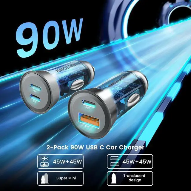 Alt view image 2 of 7 - 2-Pack 90W USB C Super Fast Car Charger, Dual-Port [PD/PPS 45W & QC 45W] Car Cigarette Lighter USB Charger Adaper for Samsung Galaxy S24 Ultra/S24+/S23 Ultra/S22+/S20,Note 20/10+,Tab S9/S8, iPhone 15