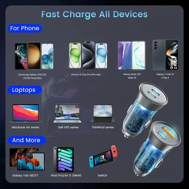 Alt view image 5 of 7 - 2-Pack 90W USB C Super Fast Car Charger, Dual-Port [PD/PPS 45W & QC 45W] Car Cigarette Lighter USB Charger Adaper for Samsung Galaxy S24 Ultra/S24+/S23 Ultra/S22+/S20,Note 20/10+,Tab S9/S8, iPhone 15