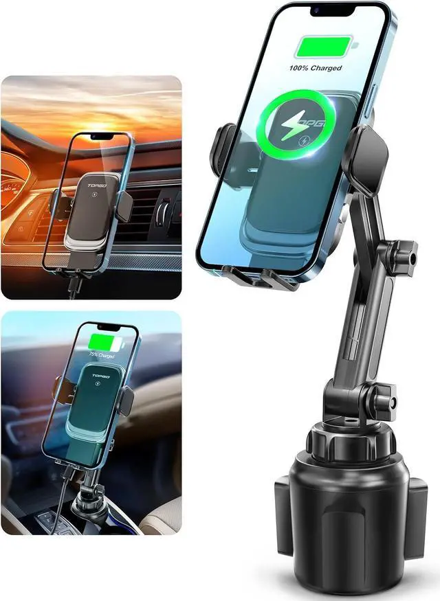 Main image of [Upgraded] TOPGO Cup Holder Phone Mount Wireless Charger,Universal Cell Phone Holder Car Charger Wireless-Charger-Cup-Phone-Holder Fast Charging for iPhone11/11 Pro/11 Pro Max, Samsung Galaxy Black