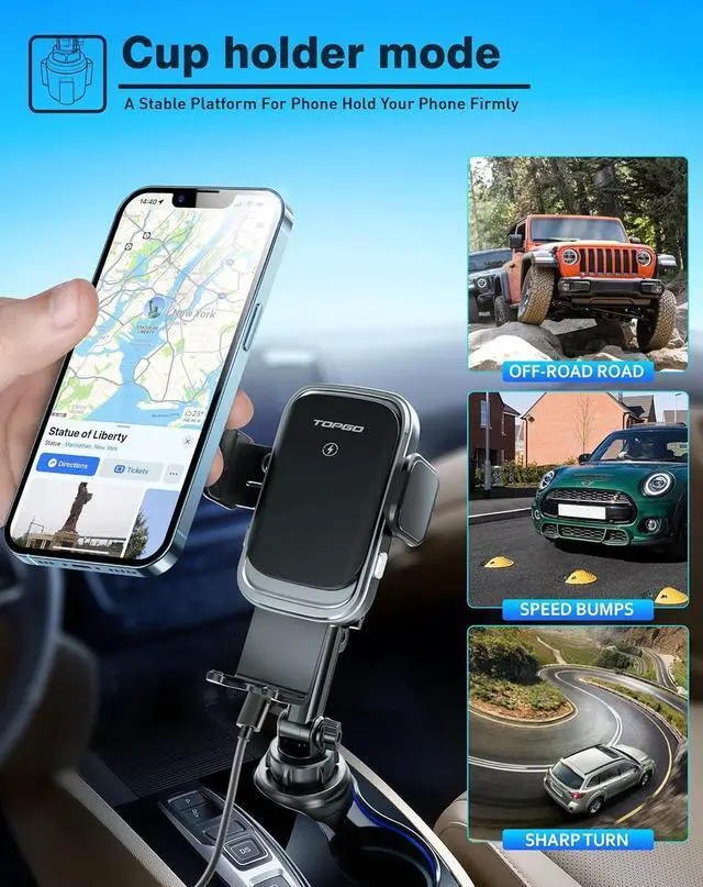 Alt view image 2 of 7 - [Upgraded] TOPGO Cup Holder Phone Mount Wireless Charger,Universal Cell Phone Holder Car Charger Wireless-Charger-Cup-Phone-Holder Fast Charging for iPhone11/11 Pro/11 Pro Max, Samsung Galaxy Black