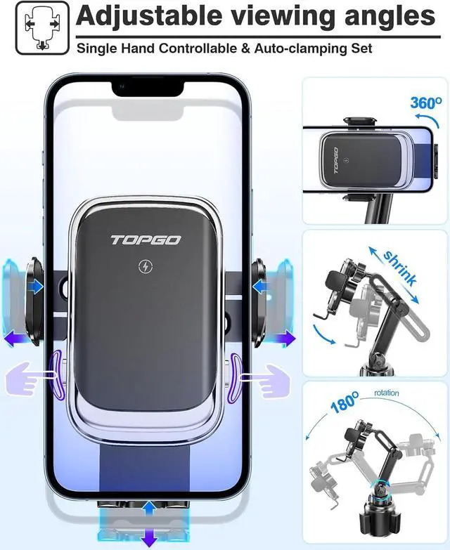 Alt view image 4 of 7 - [Upgraded] TOPGO Cup Holder Phone Mount Wireless Charger,Universal Cell Phone Holder Car Charger Wireless-Charger-Cup-Phone-Holder Fast Charging for iPhone11/11 Pro/11 Pro Max, Samsung Galaxy Black