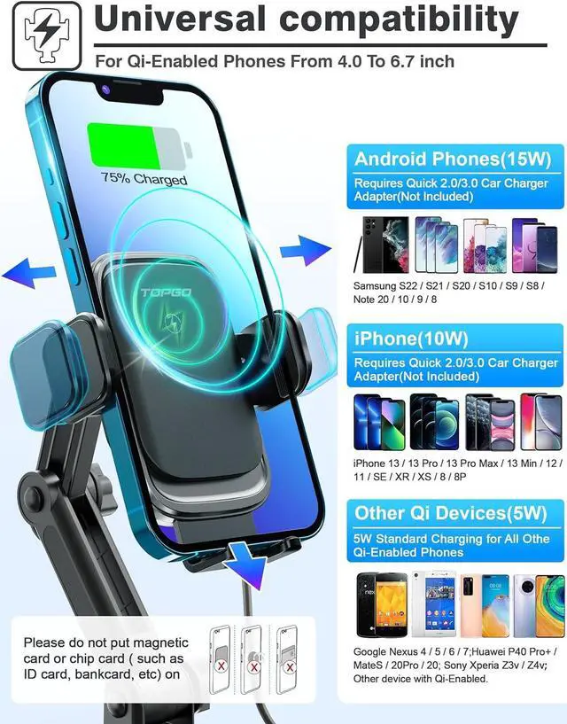 Alt view image 7 of 7 - [Upgraded] TOPGO Cup Holder Phone Mount Wireless Charger,Universal Cell Phone Holder Car Charger Wireless-Charger-Cup-Phone-Holder Fast Charging for iPhone11/11 Pro/11 Pro Max, Samsung Galaxy Black