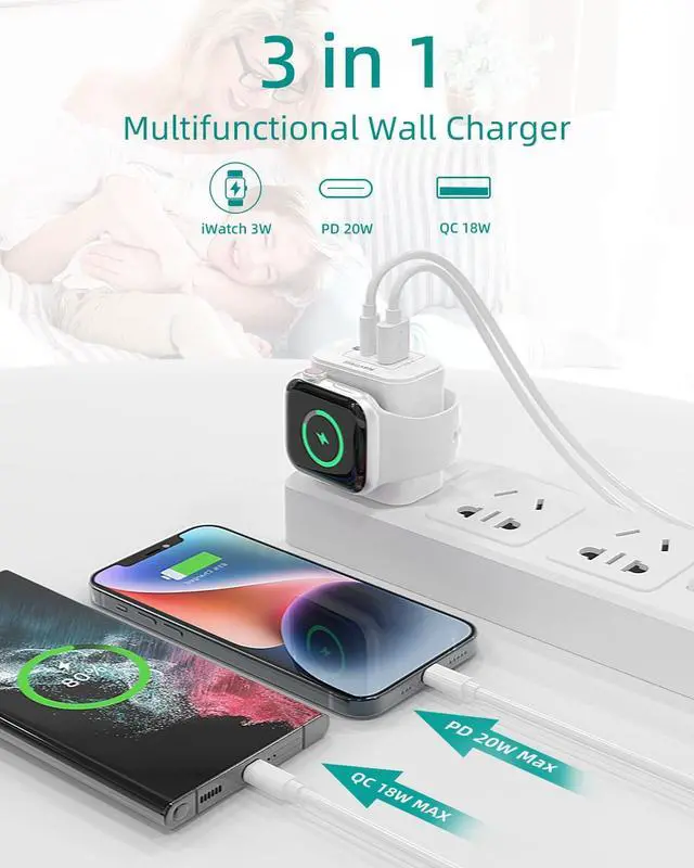Alt view image 3 of 7 - 3-in-1 Charger Block, Built-in Watch Charger, 20W Portable Dual Port Charging Brick USB C Wall Plug, Suitable for Apple Watch 9/8/7/6/5/4/3/2/1/SE/Ultra, iPhone 15/14/13/12 Series