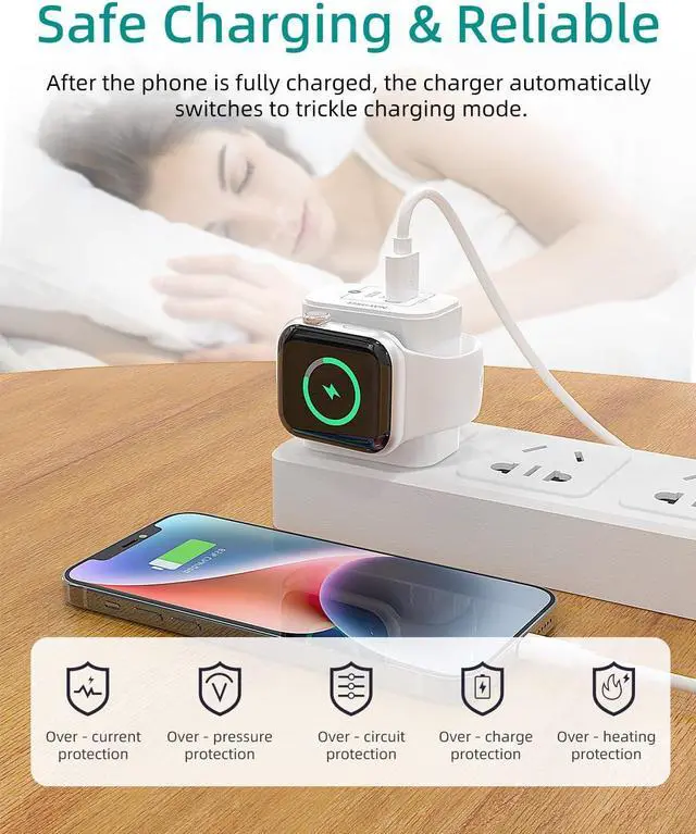 Alt view image 5 of 7 - 3-in-1 Charger Block, Built-in Watch Charger, 20W Portable Dual Port Charging Brick USB C Wall Plug, Suitable for Apple Watch 9/8/7/6/5/4/3/2/1/SE/Ultra, iPhone 15/14/13/12 Series