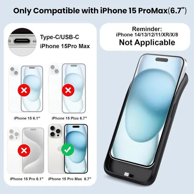 Alt view image 2 of 7 - Battery Case for iPhone 15 Pro Max,Powerful 8600mah Ultra-Slim Protective Charging Case,15W Fast Charging Portable Rechargeable Expandable Battery Charger Cover for iPhone 15 Pro Max(6.7inch)-Black