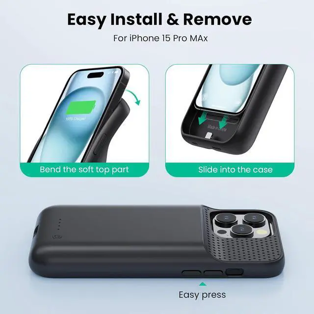 Alt view image 7 of 7 - Battery Case for iPhone 15 Pro Max,Powerful 8600mah Ultra-Slim Protective Charging Case,15W Fast Charging Portable Rechargeable Expandable Battery Charger Cover for iPhone 15 Pro Max(6.7inch)-Black