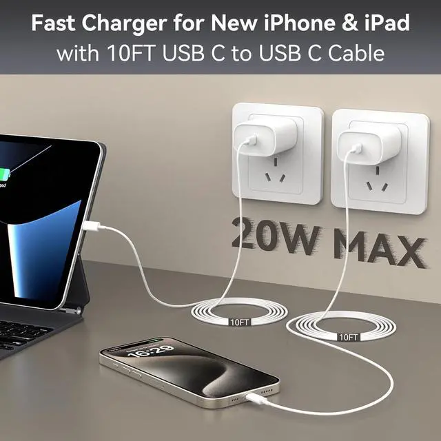 Alt view image 7 of 7 - iPhone 15 Pro Max Charger Fast Charging, 10FT Long USB C Charger Cable Cord with 20W iPhone 15 Fast Charger Block Wall Charger for iPhone 15 Pro/15 Pro Max/15 Plus,iPad Pro 12.9/11 Inch,iPad Air 5