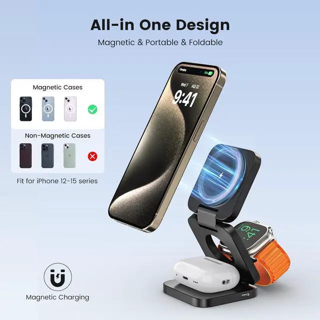 Alt view image 2 of 7 - 3 in 1 Charging Station for Apple, Mag-Safe Portable Charger Dock, Foldable Travel Charger for Apple Multiple Devices, Wireless Charger for iPhone 15 14 13 12, for Apple Watch, for