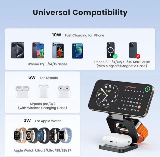 Alt view image 3 of 7 - 3 in 1 Charging Station for Apple, Mag-Safe Portable Charger Dock, Foldable Travel Charger for Apple Multiple Devices, Wireless Charger for iPhone 15 14 13 12, for Apple Watch, for