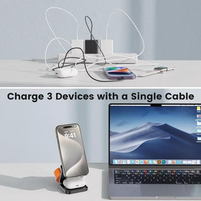 Alt view image 7 of 7 - 3 in 1 Charging Station for Apple, Mag-Safe Portable Charger Dock, Foldable Travel Charger for Apple Multiple Devices, Wireless Charger for iPhone 15 14 13 12, for Apple Watch, for