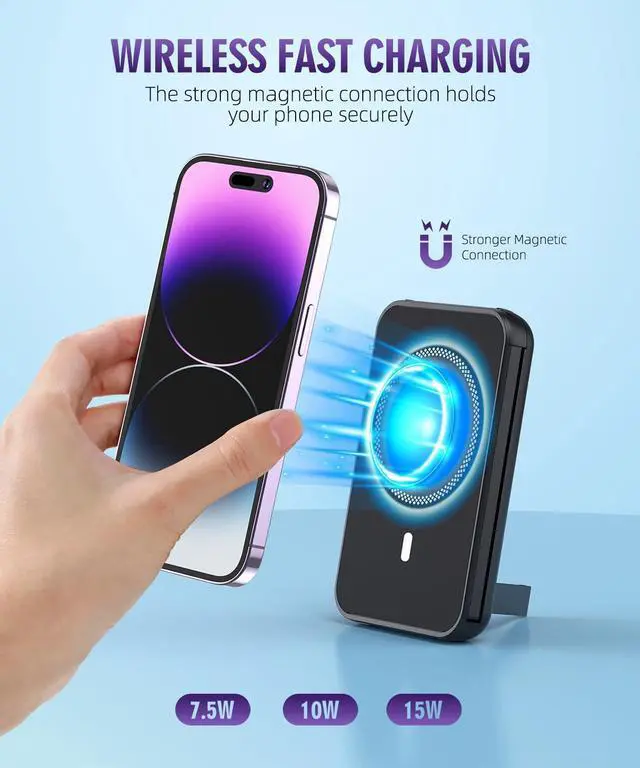 Alt view image 2 of 7 - for Magnetic Power Bank, 6800mAh Wireless Portable Charger with PD30W Fast Charging, Mag-Safe Battery Pack Built-in 2 Output Cables for iPhone 15/14/13/12 Series(Black)
