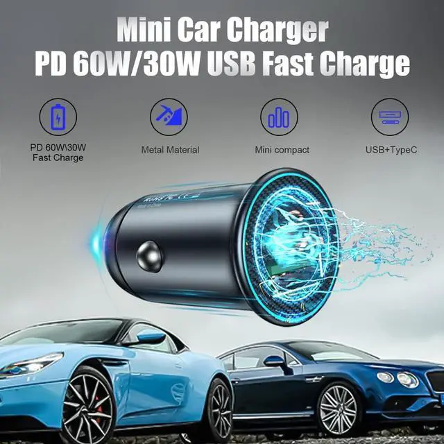Alt view image 4 of 7 - USB-C Car Charger Adapter, Dual Ports Fast Charging PD 60W + QC3.0 30W Mini All-Metal Cigarette Lighter USB Charger Universal for iPhone13/Pro Max/12/XS Max/11 Pro, Samsung, Car Accessories