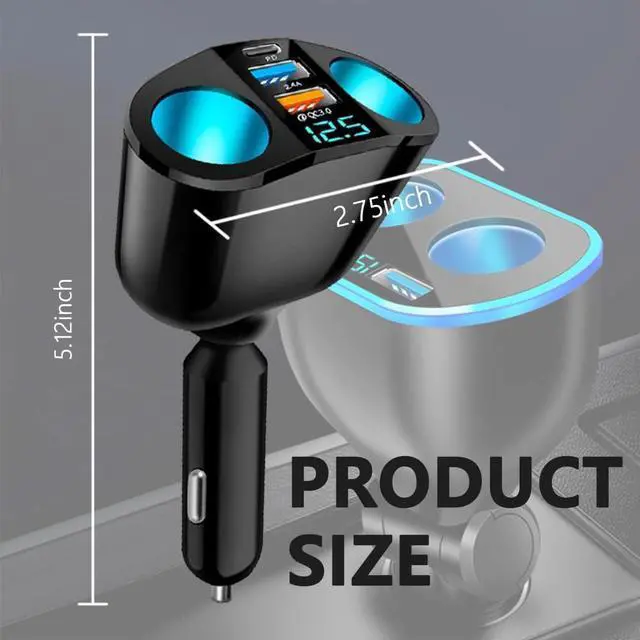 Alt view image 2 of 7 - 5 Port Cigarette Lighter Splitter,QC3.0&PD 20W Super Fast Car Charger with Dual Cigarette Lighter Plug with LED Voltmeter Compatible with iPhone 15 Pro iPad Dash Cam GPS (PD+QC+2.4A) 2Pcs