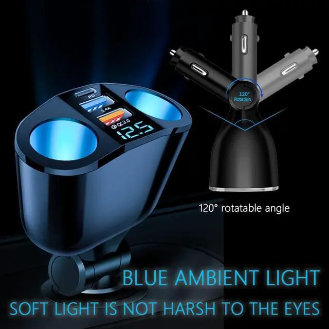 Alt view image 3 of 7 - 5 Port Cigarette Lighter Splitter,QC3.0&PD 20W Super Fast Car Charger with Dual Cigarette Lighter Plug with LED Voltmeter Compatible with iPhone 15 Pro iPad Dash Cam GPS (PD+QC+2.4A) 2Pcs