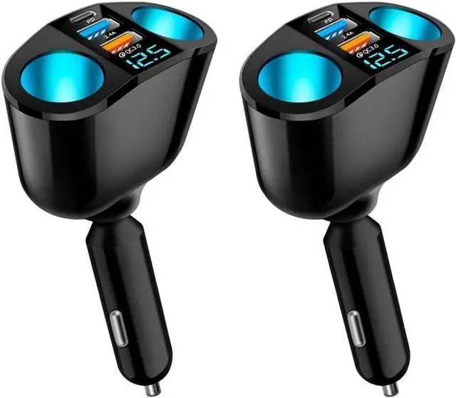 Main image of 5 Port Cigarette Lighter Splitter,QC3.0&PD 20W Super Fast Car Charger with Dual Cigarette Lighter Plug with LED Voltmeter Compatible with iPhone 15 Pro iPad Dash Cam GPS (PD+QC+2.4A) 2Pcs