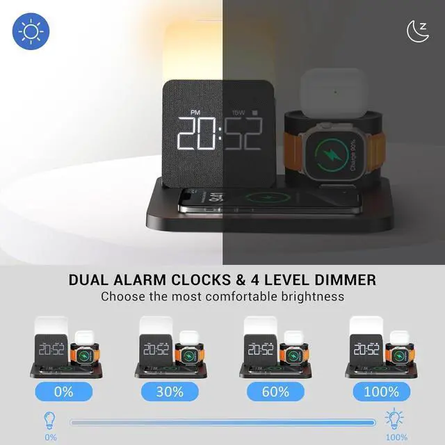 Alt view image 7 of 7 - 7 in 1 Charging Station for iPhone Wireless Charging Station Alarm Clock Night Light Wireless Charger for iPhone 16 15 14 13 12 Pro Max &  Watch - Charging Stand Dock for AirPods
