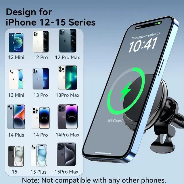 Alt view image 3 of 7 - HOSEASON for Magsafe Car Mount Charger [15W PRO Charging] iPhone Wireless Car Charger for iPhone Car Accessories Magnetic Phone Holder Mount, Fits iPhone 15 Pro Max Plus Mini 14 13 12 (Black)