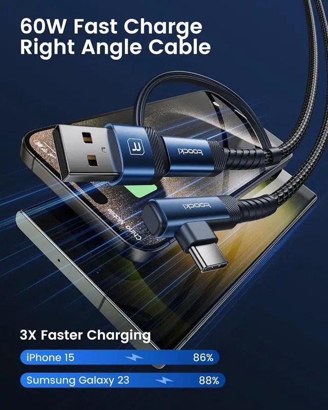 Alt view image 4 of 7 - 60W USB C to USB C Cable (2-Pack 6.6FT), Right Angle Fast Charging USB A to USB C Charger Cable Compatible with iPhone15 Pro Max/Plus/ Air/Samsung S23 Ultra /S22 Note 20