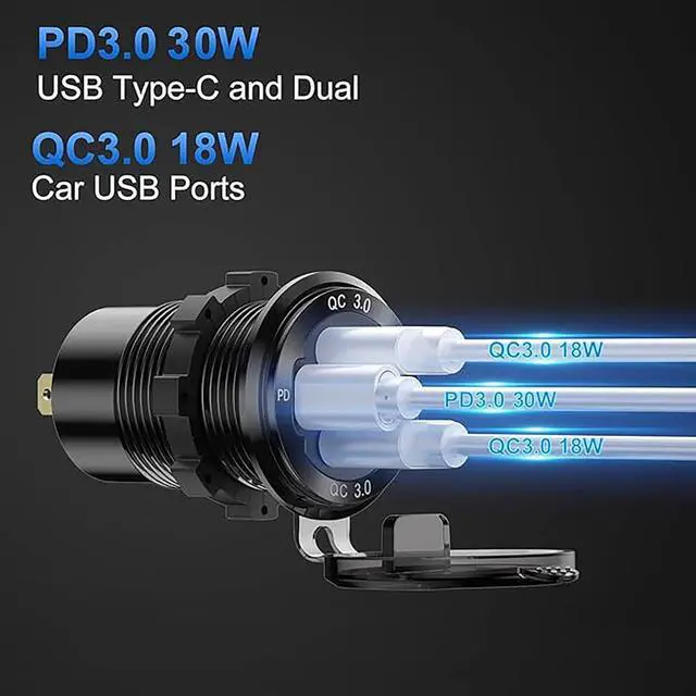 Alt view image 2 of 7 - 12V USB Outlet Wire Aluminum Car Charger Multi Port, Dual USB Quick Charge 3.0 Port and PD USB C Socket with Voltmeter Switch for Car Boat Marine Truck RV, Fast Charge for iPhone iPad Android Phones