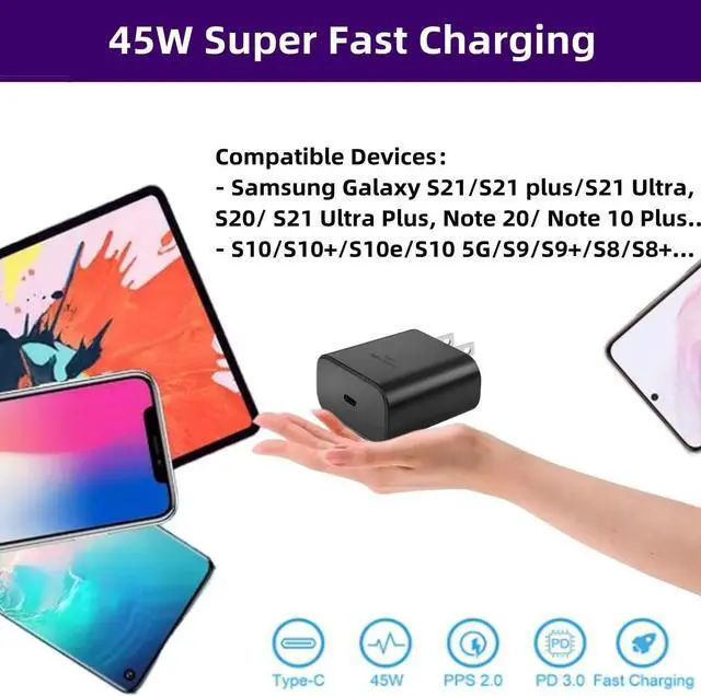 Alt view image 3 of 7 - 2Pack 45W Charger for Samsung Super Fast Charger Type C, USB C Super Fast Charging for Samsung Galaxy S23 Ultra/S23/S23+/S22/S22 Ultra/S22+/Note 20/S20/S21, Galaxy Tab S7/S7 Galaxy A, PPS Charger
