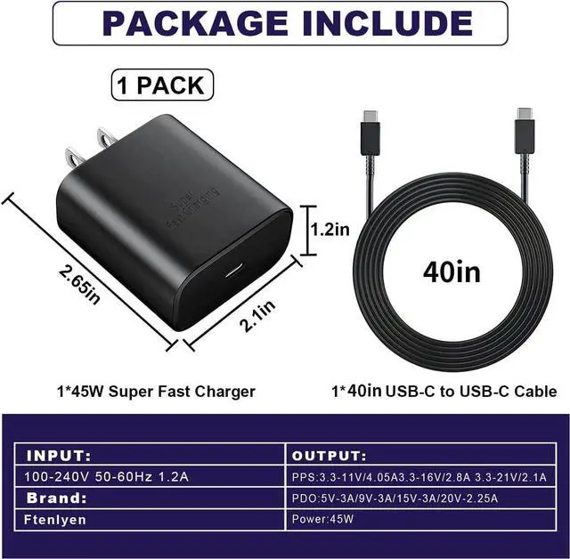 Alt view image 5 of 7 - 2Pack 45W Charger for Samsung Super Fast Charger Type C, USB C Super Fast Charging for Samsung Galaxy S23 Ultra/S23/S23+/S22/S22 Ultra/S22+/Note 20/S20/S21, Galaxy Tab S7/S7 Galaxy A, PPS Charger