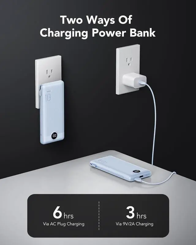 Alt view image 4 of 7 - VRURC Portable Charger with Wall Plug and Cables, 10000mAh Power Bank with 22.5W Fast Charging USB Port,4 Outputs Dual Inputs Slim Compact Rechargeable Battery Pack for Smartphones-Blue(1 Pack)