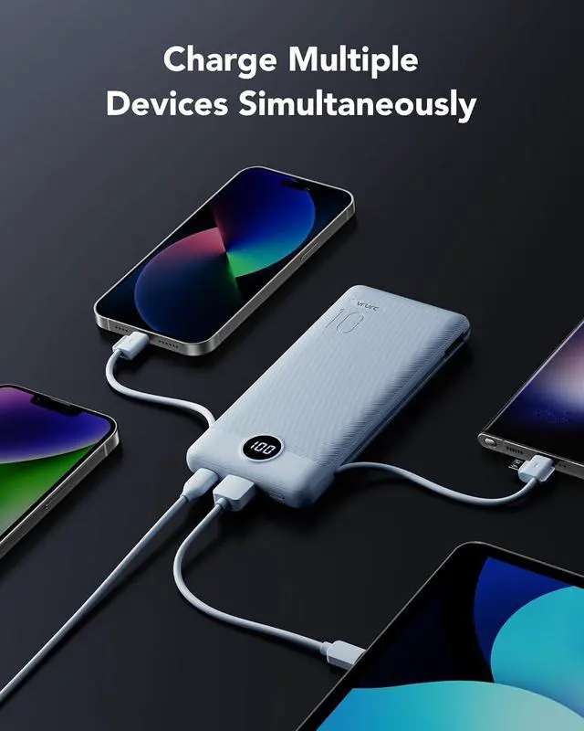 Alt view image 6 of 7 - VRURC Portable Charger with Wall Plug and Cables, 10000mAh Power Bank with 22.5W Fast Charging USB Port,4 Outputs Dual Inputs Slim Compact Rechargeable Battery Pack for Smartphones-Blue(1 Pack)
