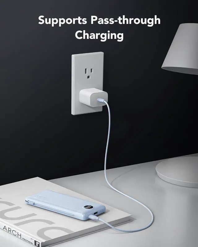 Alt view image 7 of 7 - VRURC Portable Charger with Wall Plug and Cables, 10000mAh Power Bank with 22.5W Fast Charging USB Port,4 Outputs Dual Inputs Slim Compact Rechargeable Battery Pack for Smartphones-Blue(1 Pack)