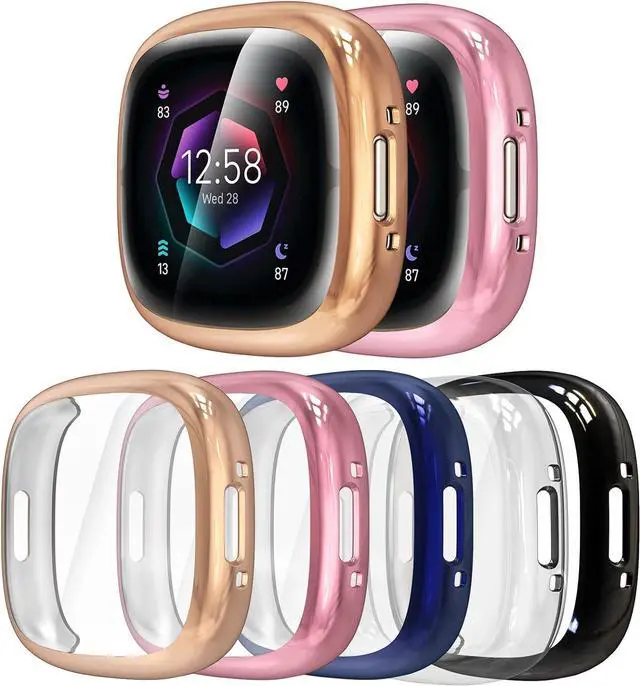 Main image of 5 Pack Silicone Screen Protector Case Compatible with Fitbit Sense 2/Versa 4, Full Coverage HD Ultra-Thin TPU Bumper Case Compatible with Fitbit Versa 4/Sense 2, Clear/Black/Blue/Rose Gold/Pink