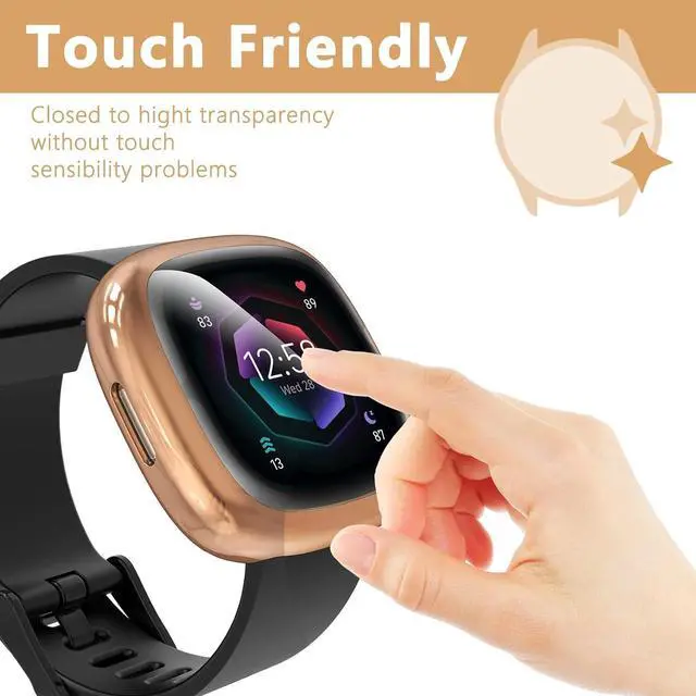 Alt view image 3 of 5 - 5 Pack Silicone Screen Protector Case Compatible with Fitbit Sense 2/Versa 4, Full Coverage HD Ultra-Thin TPU Bumper Case Compatible with Fitbit Versa 4/Sense 2, Clear/Black/Blue/Rose Gold/Pink