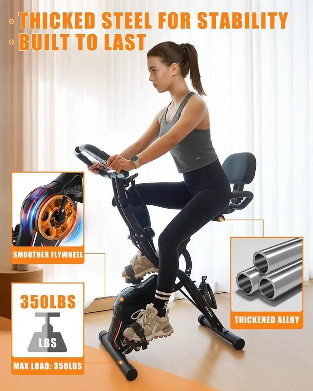Alt view image 6 of 7 - Folding Exercise Bike, 5-in-1 Foldable Stationary Bike Upgraded 16-level Magnetic Resistance 10DB Near-silent Bike Upright Indoor Cycling Bike with 350LB Capacity, Comfortable Seat Backrest