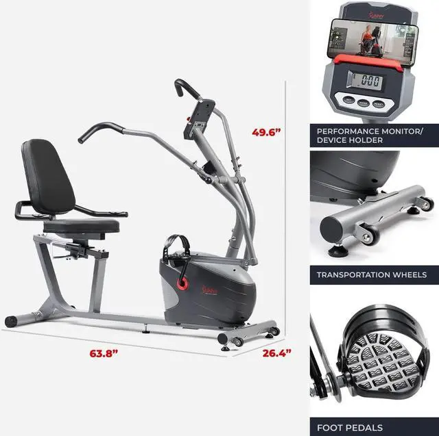 Alt view image 6 of 7 - Sunny Health & Fitness Compact Performance Recumbent Bike with Dual Motion Arm Exercisers, Quick Adjust Seat & Optional Exclusive SunnyFit App Enhanced Bluetooth Connectivity