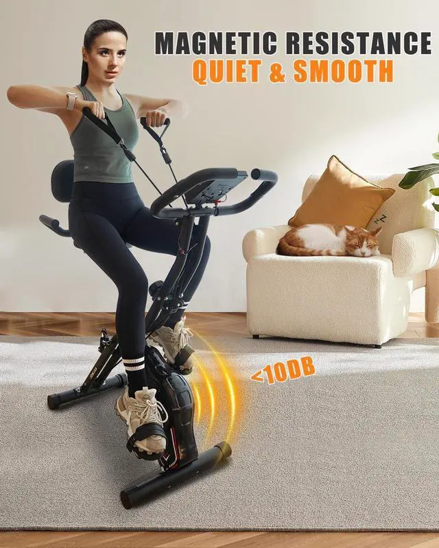 Alt view image 4 of 7 - Folding Exercise Bike, 5-in-1 Foldable Stationary Bike Upgraded 16-level Magnetic Resistance 10DB Near-silent Bike Upright Indoor Cycling Bike with 350LB Capacity, Comfortable Seat Backrest