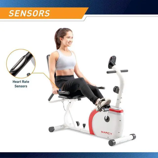 Alt view image 4 of 7 - Marcy Recumbent Exercise Bike with Magnetic Resistance and Pulse Sensor NS-908R White 30.50 x 11.50 x 21.50 inches
