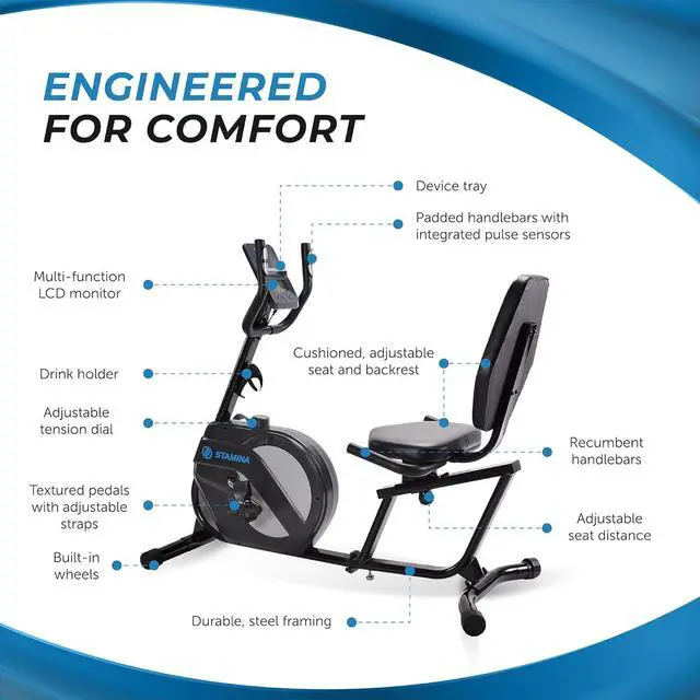 Alt view image 5 of 7 - Stamina Recumbent Exercise Bike for Home 346 w/Smart Workout App - Stationary Bike for Adults, Seniors w/Large, Adjustable, Comfortable Seat & Walk-Thru Design