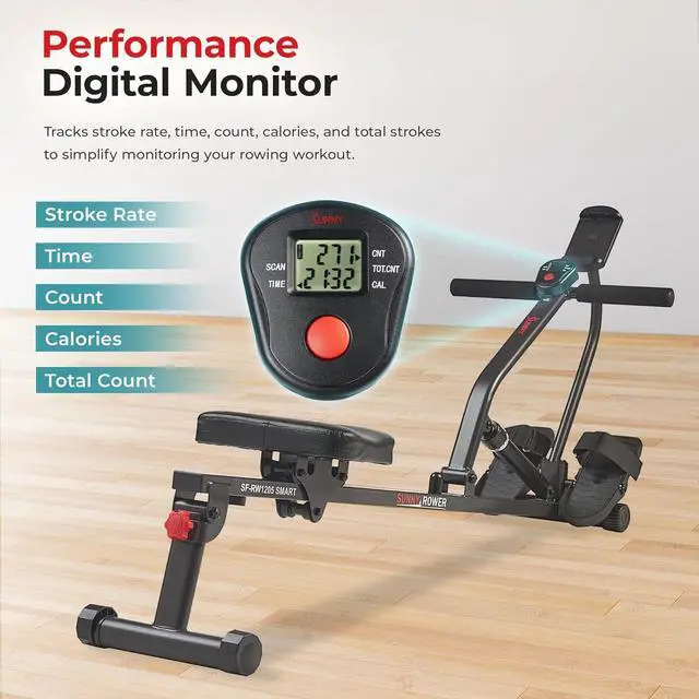 Alt view image 4 of 7 - Sunny Health & Fitness Compact Adjustable Rowing Machine with 12 Levels of Complete Body Workout Resistance and Optional SunnyFit App Enhanced Connectivity