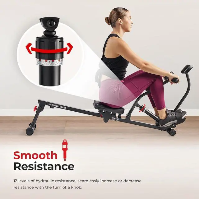 Alt view image 6 of 7 - Sunny Health & Fitness Compact Adjustable Rowing Machine with 12 Levels of Complete Body Workout Resistance and Optional SunnyFit App Enhanced Connectivity