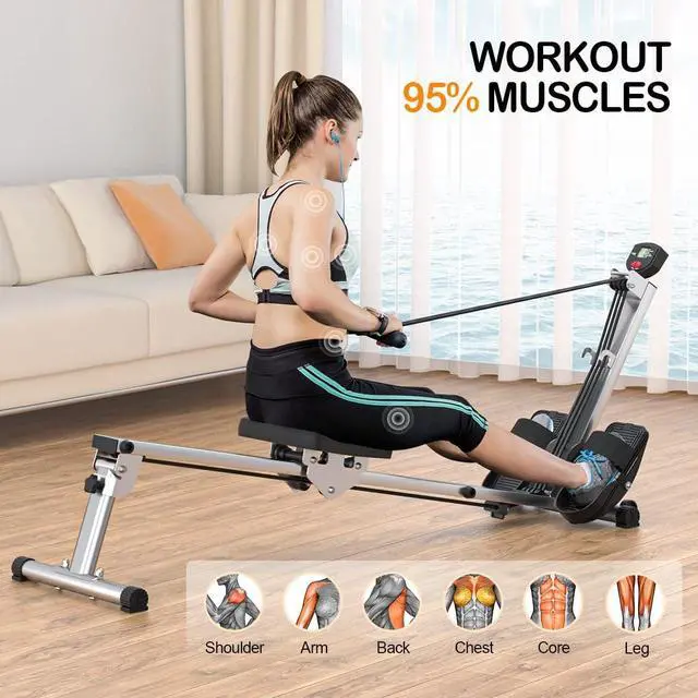Alt view image 3 of 7 - Rowing Machine for Home Use, Rowing Machine Foldable Rower with LCD Monitor & Comfortable Seat Cushion - Upgraded Version Row Machine Supports 300LBS, Hyper-Quiet & Smooth