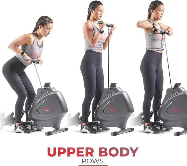 Alt view image 5 of 7 - Sunny Health & Fitness Multi-Function Premium Magnetic Rowing Machine, Bicep Curls, Upward Rows, Seated Rows, Foldable Slide Rails, Digital Monitor and Optional Bluetooth with Free SunnyFit App