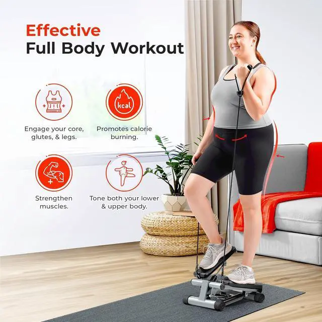 Alt view image 2 of 6 - Sunny Health & Fitness Mini Stepper for Exercise at Home, Stair Step Workout Machine with Resistance Band and Over 300lb Weight Capacity, Optional Twist Motion and Free SunnyFit App Connection