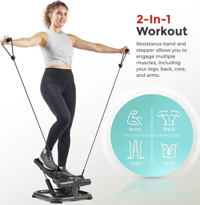 Alt view image 4 of 7 - Sunny Health & Fitness 2-in-1 Premium Power Stepper with Resistance Bands, Low-Impact Cardio, Space-Saving, Height-Adjustable, and Optional SunnyFit® App Enhanced Bluetooth Connectivity