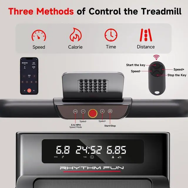Alt view image 4 of 7 - RHYTHM FUN Foldable Treadmill, 300 lb Capacity Walking Pad 2.5HP Treadmill Under Desk, Portable Treadmill for Home and Office, Folding Treadmill 2 in 1 with Remote Control, LED Display