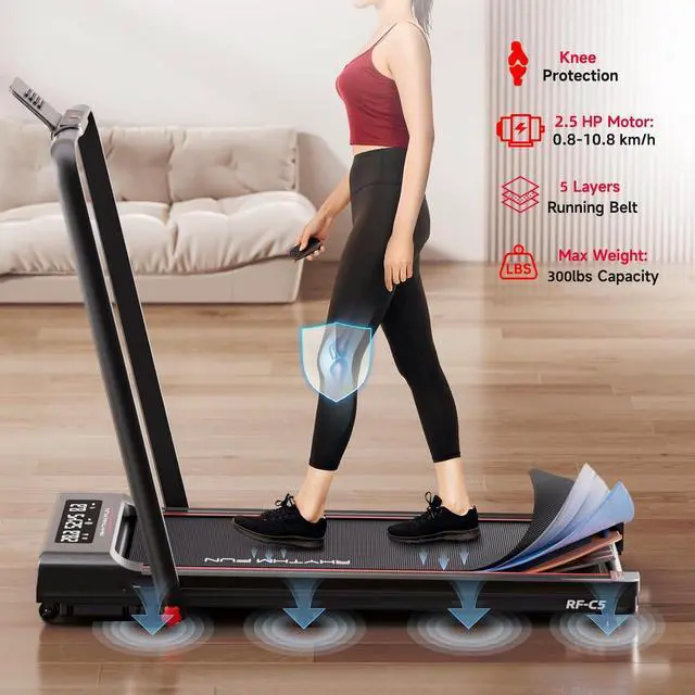 Alt view image 5 of 7 - RHYTHM FUN Foldable Treadmill, 300 lb Capacity Walking Pad 2.5HP Treadmill Under Desk, Portable Treadmill for Home and Office, Folding Treadmill 2 in 1 with Remote Control, LED Display