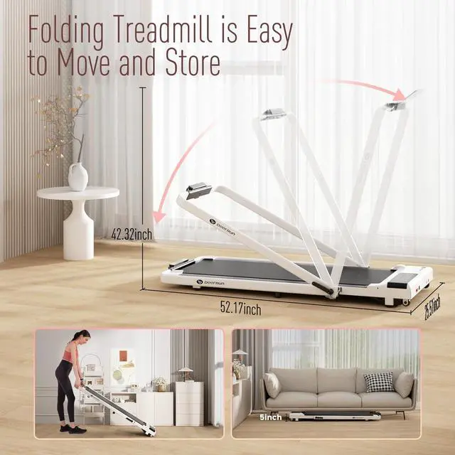 Alt view image 2 of 7 - DeerRun 3 in 1 Folding Treadmills for Home, 3.0HP Powerful and Quiet Under Desk Treadmill, 300 lbs Capacity Foldable Walking Pad with Remote Control and Space Saving, Free Installation