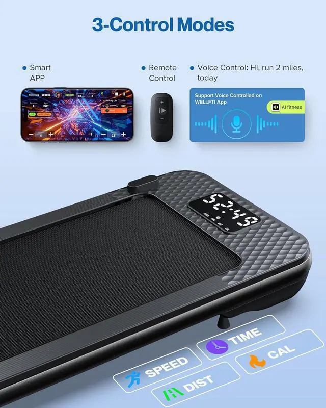 Alt view image 5 of 7 - 3.0HP Peak Walking Pad Treadmill, 340+ LB capacity Walking Pad with 10% Incline, Voice Controlled Under Desk Treadmill Works with ZWIFT KINOMAP, Portable Desk Treadmill for Home,Office,Apartment