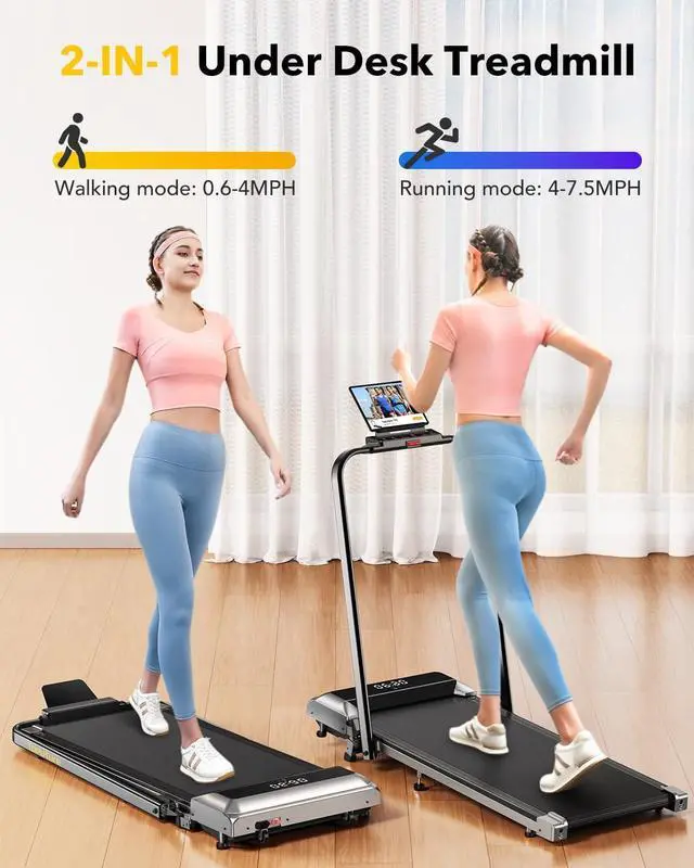 Alt view image 2 of 7 - Walking Pad Under Desk Treadmill with Incline, 2 in 1 Folding Treadmill for Home/Office, Portable Compact Treadmill with Remote Control, APP & LED Display 300LBS Capacity