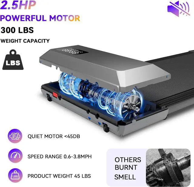 Alt view image 2 of 5 - Walking Pad, 2.5 HP Under Desk Treadmill, 2 in 1 Treadmill for Home 265 Ibs Weight Capacity, with Smart APP Remote Control LED Display