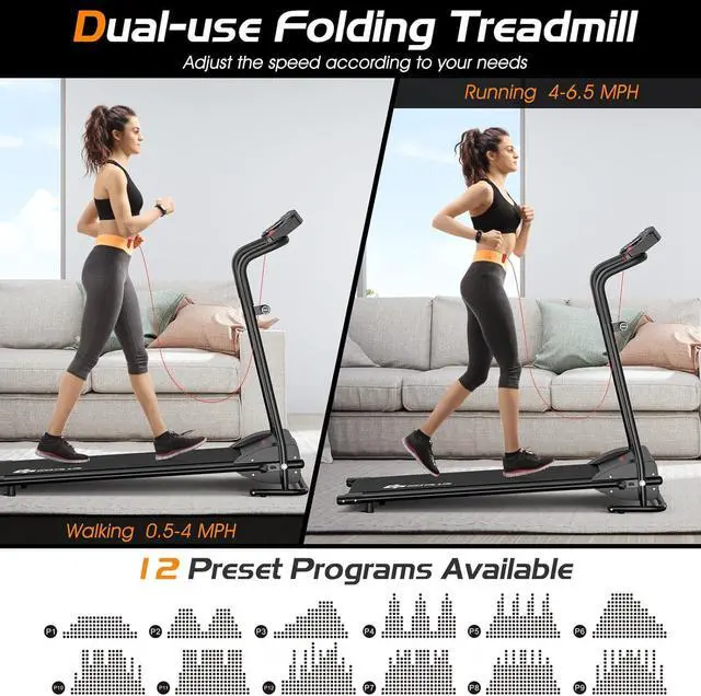 Alt view image 2 of 7 - Goplus Compact Folding Treadmill for Home, Electric Walking Running Machine, Low Noise, Built-in 2 Workout Modes and 12 Programs, with Display
